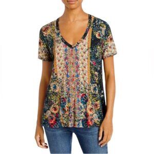 Johnny Was Forever Favorite V Neck Swing Women's Floral Patchwork Tee Shirt, L